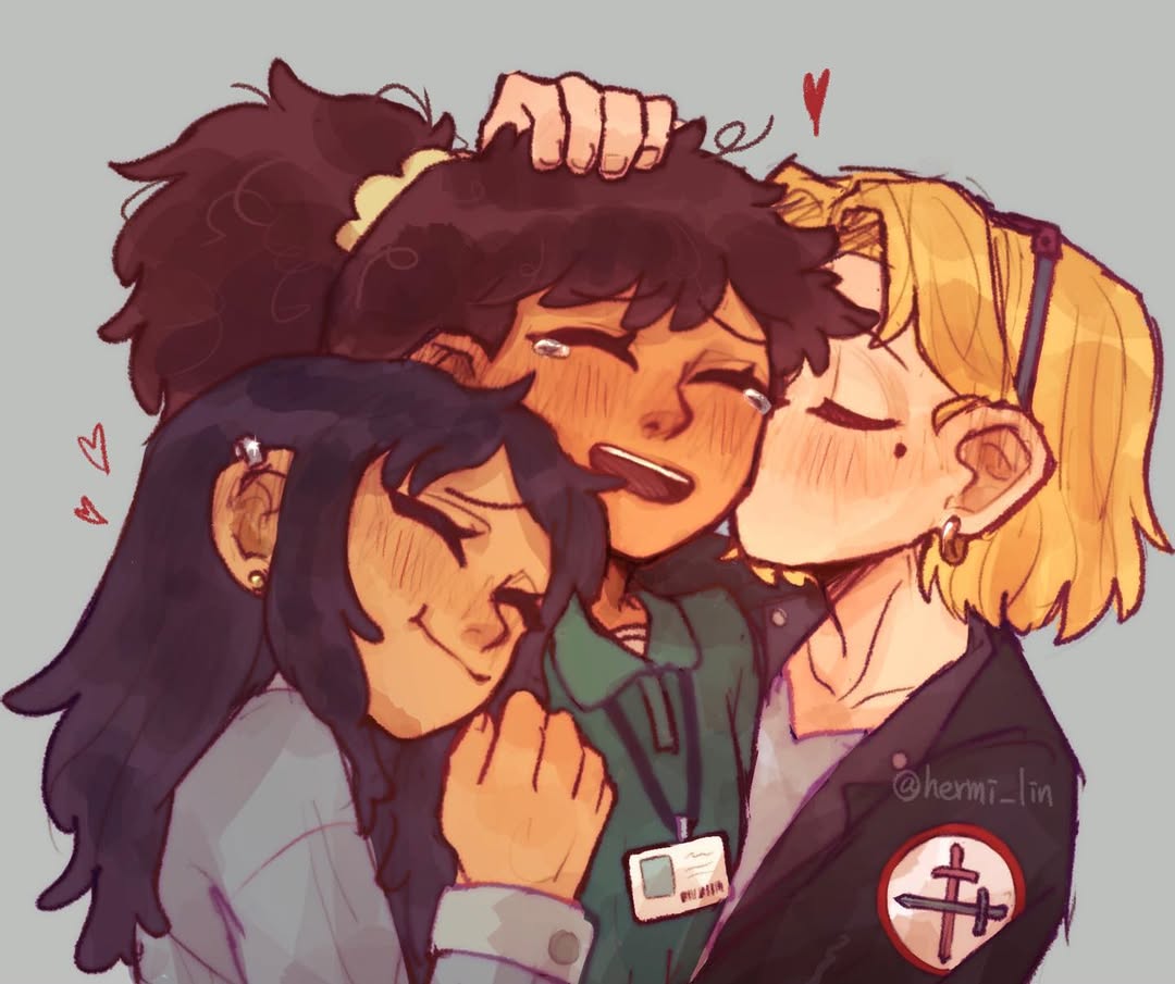 3girls amphibia anne_boonchuy black_hair blonde_hair blush closed_eyes closed_mouth collared_shirt dark-skinned_female dark_skin denim denim_jacket ear_piercing earrings eyewear_on_head girl_sandwich grey_background group_hug hair_ornament hair_scrunchie hand_on_another's_head happy heart hermi hug id_card jacket jewelry kiss kissing_cheek lanyard leather leather_jacket long_hair long_sleeves marcy_wu mole mole_under_eye multiple_girls open_mouth piercing ponytail sandwiched sasha_waybright scrunchie shirt short_hair signature smile tearing_up teeth upper_body upper_teeth_only yuri