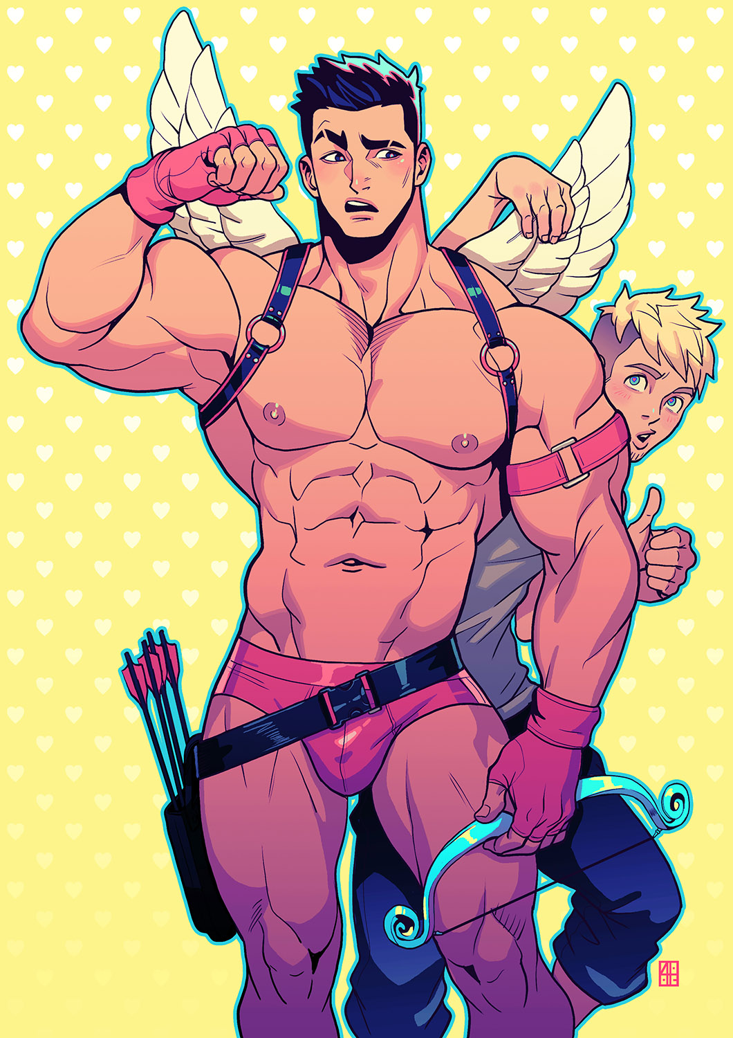2boys abs absolum_art arrow_(projectile) bara black_hair blonde_hair bow_(weapon) briefs commentary eyebrow_cut fingerless_gloves flexing gloves harness heart heart-shaped_pupils highres holding holding_bow_(weapon) holding_weapon large_pectorals male_focus male_underwear multiple_boys muscular muscular_male navel nipples o-ring o-ring_harness original pectorals quiver short_hair symbol-shaped_pupils thumbs_up undercut underwear weapon wings