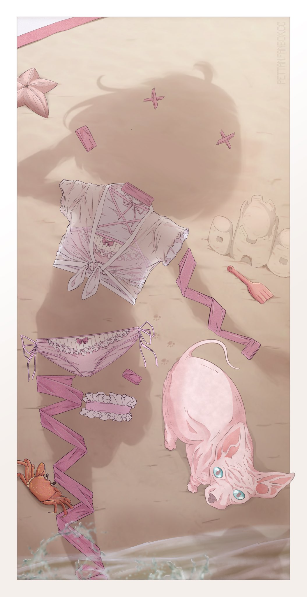 beach bikini bow bow_bikini cat commentary crab dressed_shadow_(meme) fallenshadow frilled_thigh_strap highres indie_virtual_youtuber lossy-lossless meme pettan_(zeez4743) pink_bikini purple_ribbon ribbon shirt short_hair side-tie_bikini_bottom starfish swimsuit thigh_strap unworn_bikini virtual_youtuber white_shirt
