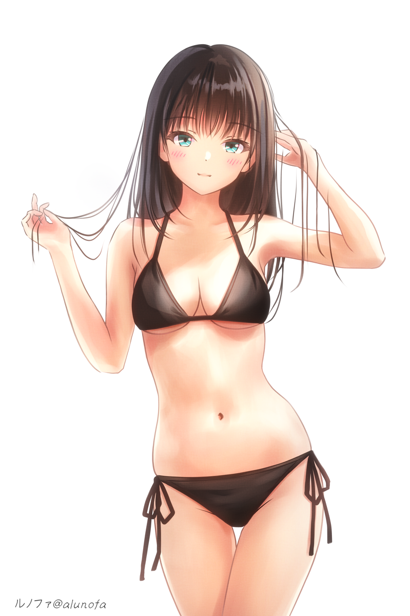 1girl arena_(company) bikini black_bikini black_hair breasts cleavage covered_navel cowboy_shot green_eyes highres logo long_hair looking_at_viewer original side-tie_bikini_bottom simple_background small_breasts solo standing swimsuit thigh_gap white_background yuluvine