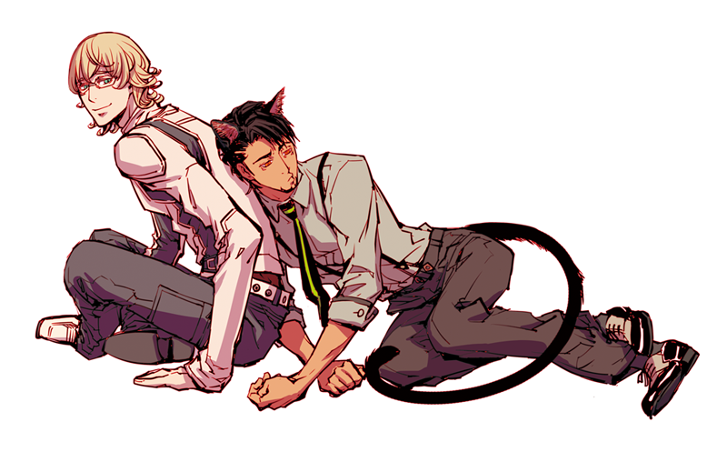 animal_ears arm_support barnaby_brooks_jr. belt black_pants blonde_hair brown_hair closed_eyes closed_mouth collared_shirt commentary_request curled_fingers facial_hair goatee grey_shirt indian_style jacket kaburagi_t._kotetsu kemonomimi_mode leaning leaning_on_person long_sleeves looking_back male_focus minamida multicolored_footwear pants pout shirt shirt_tucked_in shoelaces simple_background sitting sleeve_cuffs sleeves_past_wrists smile suspenders tail tiger_&amp;_bunny wavy_hair white_background white_belt white_jacket wing_collar yaoi