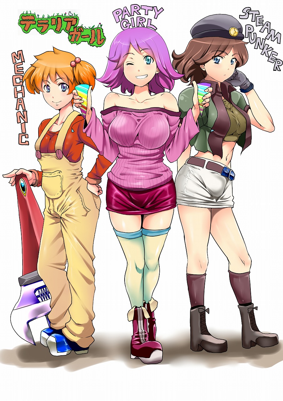 3girls bare_shoulders blue_eyes blush breasts brown_hair cholesenel collarbone hair_ornament hat highres large_breasts long_sleeves looking_at_viewer mechanic_(terraria) midriff multiple_girls navel one_eye_closed orange_hair overalls oversized_object pants party_girl_(terraria) party_popper pencil_skirt pink_hair ponytail short_hair short_twintails skirt smile steampunker_(terraria) suspenders terraria thighhighs twintails wrench