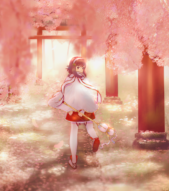 1girl cherry_blossoms fire_emblem fire_emblem_fates floral_background forest holding lijupy looking_at_viewer nature nintendo petals pink_hair sakura_(fire_emblem) sandals staff torii tree walking