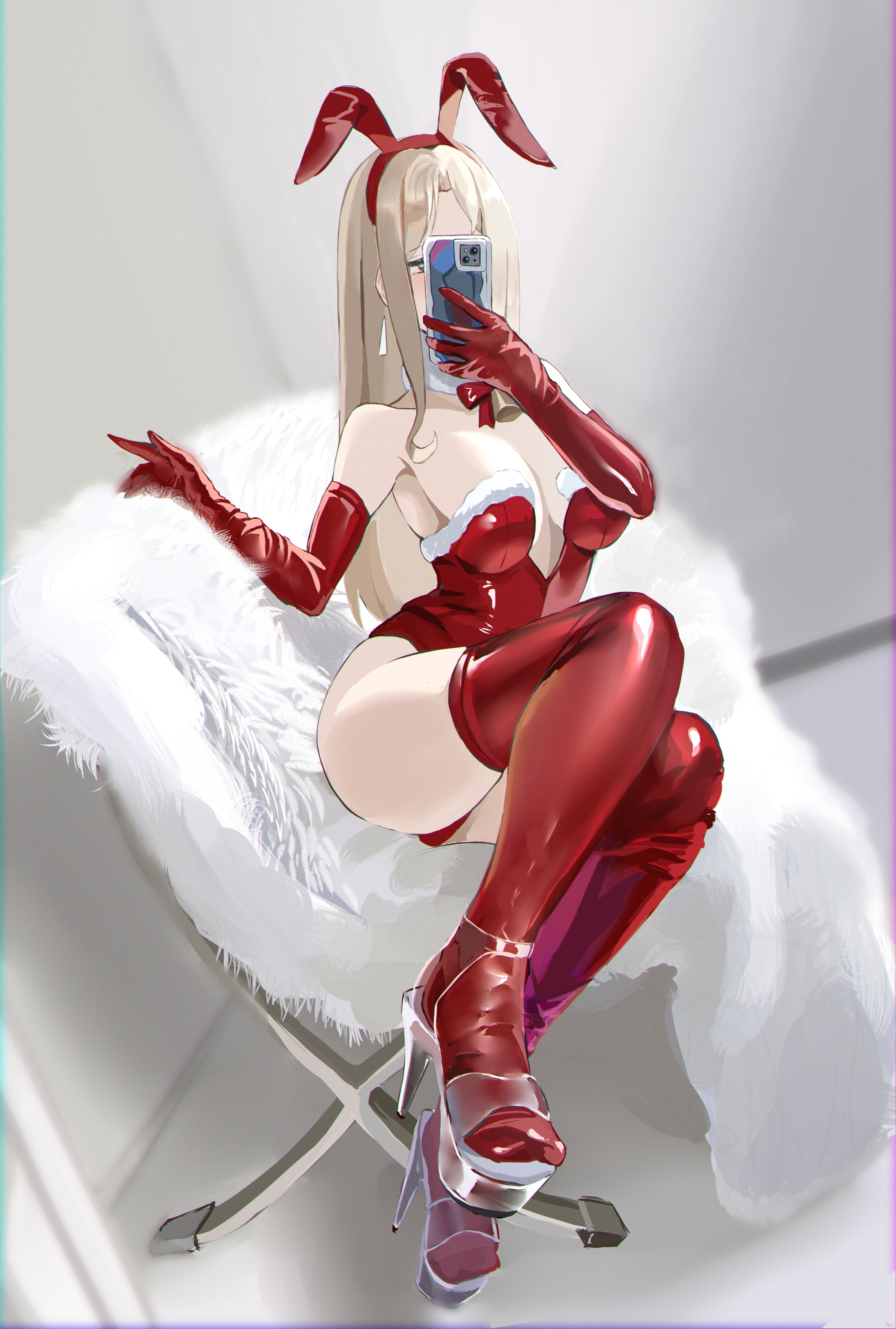 1girl absurdres animal_ear_hairband animal_ears armpits ass blonde_hair breasts cellphone coat commentary_request earrings fake_animal_ears full_body fur-trimmed_leotard fur_coat fur_trim gloves hairband high_heels highres holding holding_phone indoors jewelry large_breasts latex leotard long_hair mirror_selfie original phone playboy_bunny plunging_neckline rabbit_ear_hairband rabbit_ears red_gloves red_leotard red_thighhighs selfie sitting solo straight_hair strapless strapless_leotard thighhighs unworn_coat very_long_hair yato_(yama0x1)