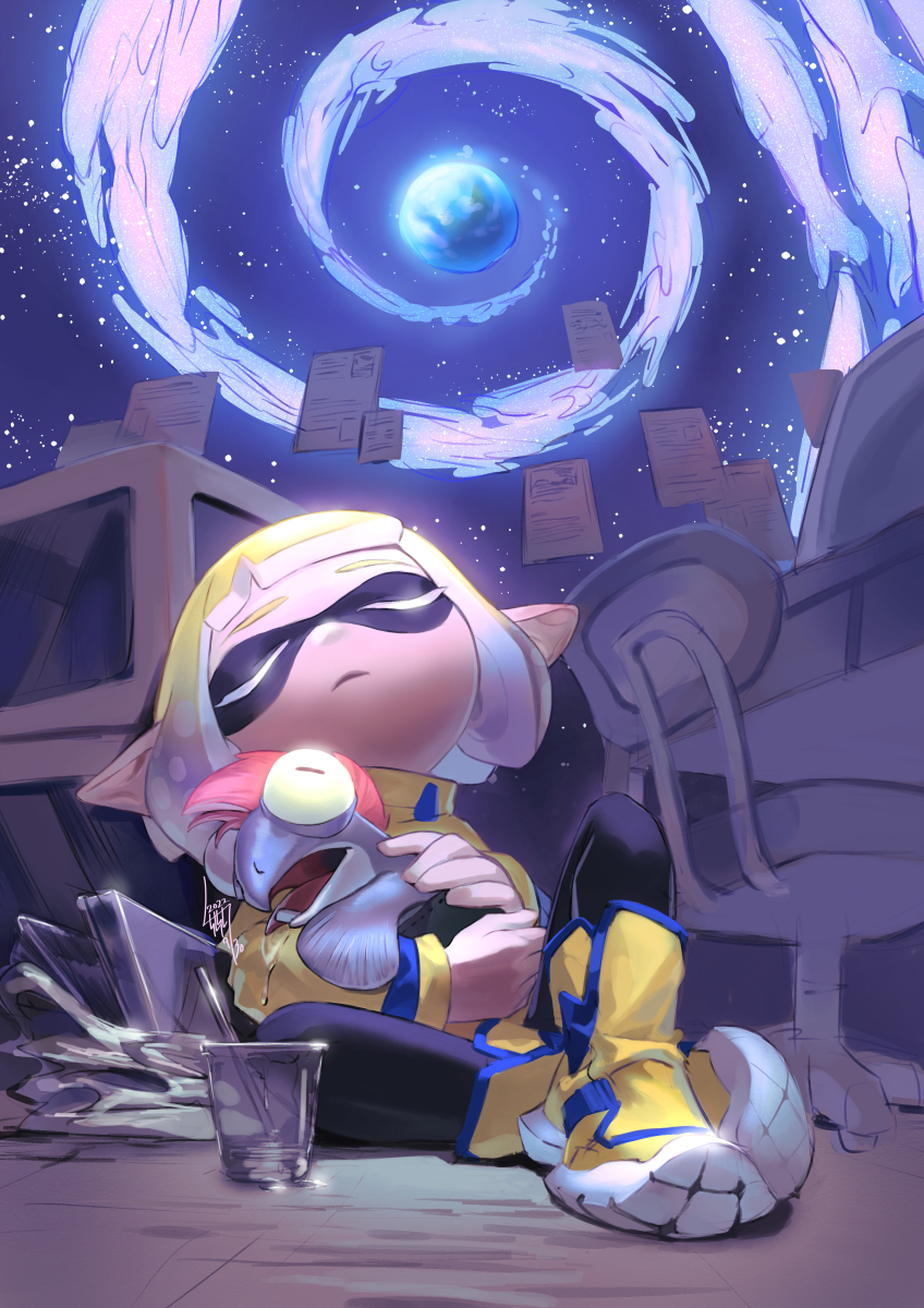 1girl animal animal_hug artist_name black_leggings blonde_hair blue_hair blunt_bangs boots bulging_eyes chair closed_eyes cup dated desk dreaming drinking_glass drinking_straw drooling female_focus fish full_body gradient_hair highres inkling inkling_girl inkling_player_character jacket knee_up leggings long_sleeves mohawk monitor multicolored_hair nintendo office_chair on_floor open_mouth paper planet pointy_ears red_hair saliva short_hair sidelocks signature single_tooth sitting sleeping smallfry_(splatoon) solo space splatoon_(series) splatoon_3 star_(sky) suction_cups swivel_chair tentacle_hair tentacles tongue tongue_out tsunetaka_rakurai two-tone_hair u_u yellow_boots yellow_jacket