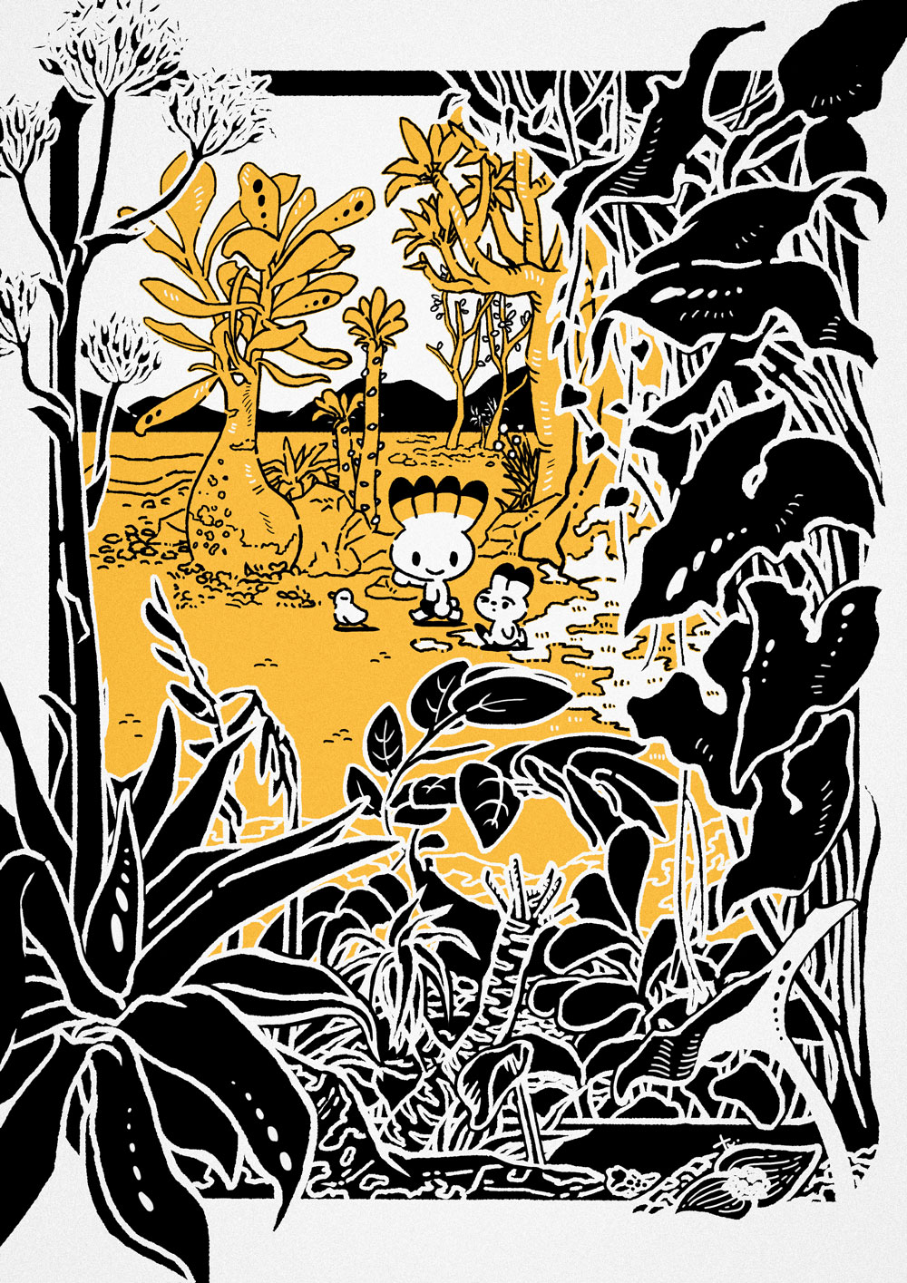 2boys bird black_shorts border commentary creature flower foliage grass highres leaf mountainous_horizon multiple_boys nature original outdoors plant rock shorts solid_circle_eyes spot_color standing symbol-only_commentary takitasaki tree walking white_border yellow_theme