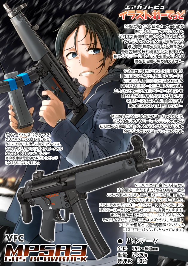 1girl airsoft_review_illustrated black_hair blue_eyes breasts coat diagram didloaded ghost_ring gun h&amp;k_mp5 heckler_&amp;_koch information_sheet iron_sights japanese_text long_gun mp5a3 night original polygonal_rifling snow snowing stock_(firearm) submachine_gun telescoping_stock text_focus translation_request vega_force_company walkie-talkie weapon weapon_focus weapon_profile winter_clothes winter_coat