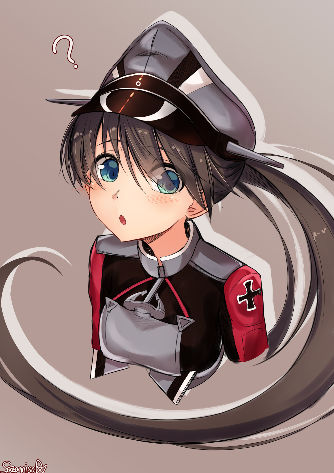 1girl ? alternate_costume anchor black_hair blue_eyes cosplay cross female_focus grey_background hat highres houshou_(kancolle) iron_cross kantai_collection long_hair open_mouth peaked_cap ponytail prinz_eugen_(kancolle) prinz_eugen_(kancolle)_(cosplay) sazamiso_rx simple_background solo uniform upper_body