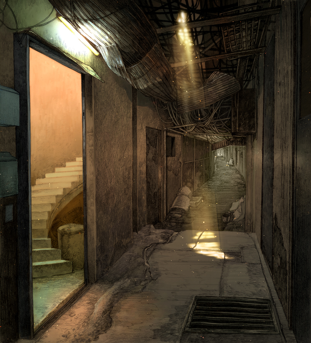 bad_id bad_pixiv_id cable dust hallway indoors light light_rays no_humans road rubble scenery shade shadow stairs street sunbeam sunlight trash_can urban vanishing_point wire yuanmaru