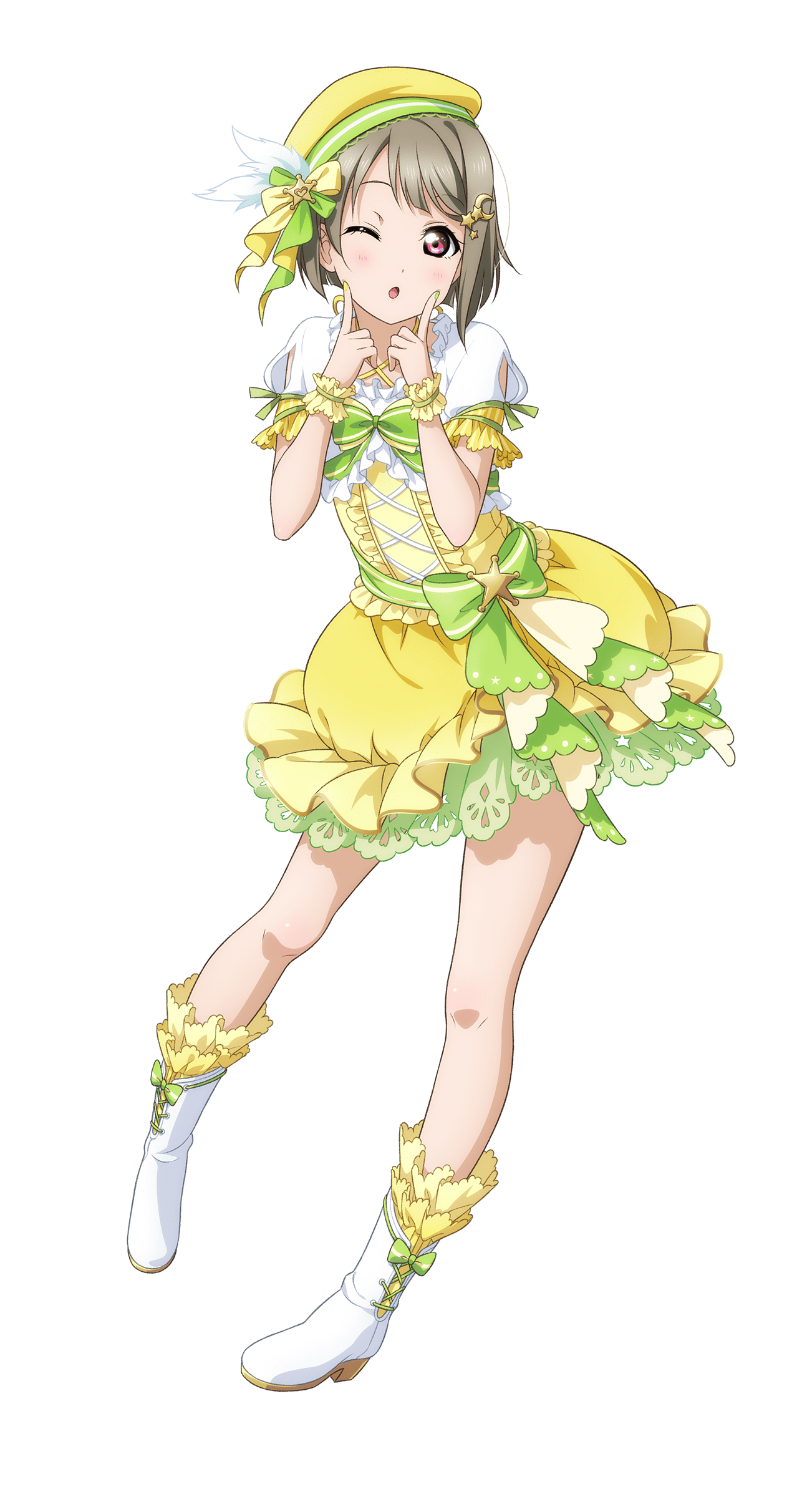 1girl ;o absurdres asymmetrical_hair beret blush bob_cut boots bow brown_hair contrapposto crescent crescent_hair_ornament cross-laced_clothes cross-laced_dress diamond_(love_live!) dress fingers_to_cheeks footwear_bow full_body green_bow hair_ornament hairclip hat highres inverted_bob looking_at_viewer love_live! love_live!_nijigasaki_high_school_idol_club love_live!_school_idol_festival_all_stars nakasu_kasumi official_alternate_costume official_art one_eye_closed open_mouth puffy_short_sleeves puffy_sleeves red_eyes short_dress short_hair short_sleeves side_cross-laced_footwear simple_background solo standing transparent_background white_boots white_sleeves yellow_dress yellow_hat