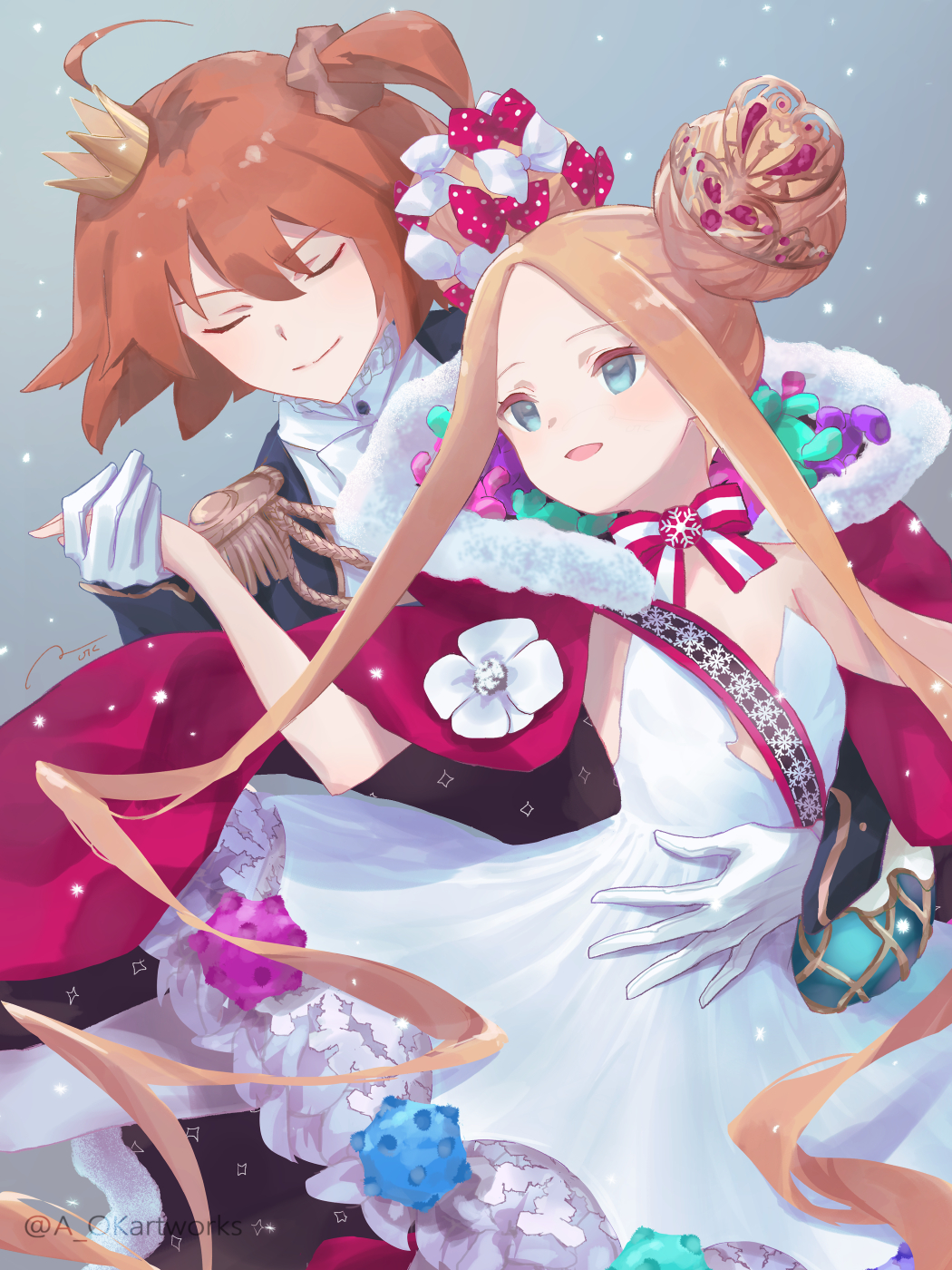 2girls abigail_williams_(fate) abigail_williams_(santa)_(fate) ahoge aopix_001 bare_shoulders blonde_hair blue_eyes blue_jacket blush bow breasts cloak closed_eyes crown dancing double_bun dress epaulettes fate/grand_order fate_(series) forehead fujimaru_ritsuka_(female) fujimaru_ritsuka_(female)_(halloween_royalty) fur-trimmed_cloak fur_trim gloves hair_bow hair_bun highres jacket long_hair mini_crown multiple_girls one_side_up open_mouth orange_hair pantyhose parted_bangs red_bow red_cloak sash short_hair sidelocks small_breasts smile stuffed_animal stuffed_toy teddy_bear tiara very_long_hair white_bow white_dress white_gloves white_pantyhose
