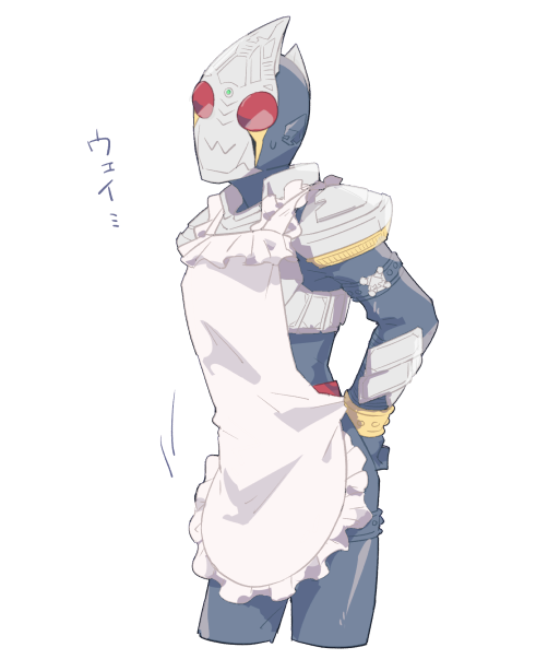 1boy apron arm_behind_back armor helmet japanese_text kamen_rider kamen_rider_blade kamen_rider_blade_(series) maid maid_apron male_focus mask owo red_eyes sweat sweatdrop