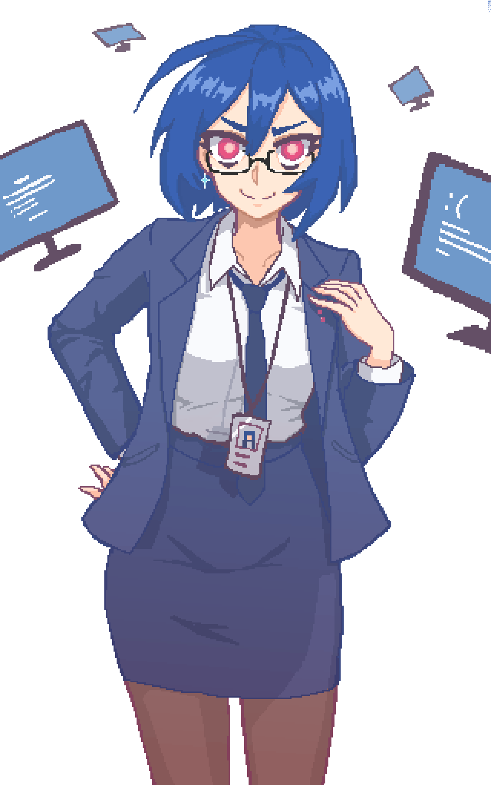 1girl black-framed_eyewear blue_hair blue_necktie blue_skirt brown_pantyhose closed_mouth collarbone earrings glasses hand_on_own_hip hcnone highres id_card jewelry lanyard long_sleeves looking_at_viewer necktie office_lady original pantyhose pencil_skirt pink_eyes pixel_art rectangular_eyewear semi-rimless_eyewear short_hair simple_background skirt skye_(hcnone) smile solo under-rim_eyewear white_background
