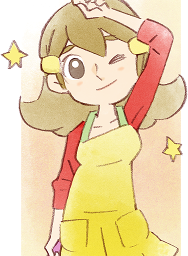 1girl 5-volt apron arm_up brown_eyes brown_hair long_hair looking_at_viewer nintendo official_art one_eye_closed red_shirt shirt simple_background smile star_(symbol) takeuchi_kou third-party_source warioware warioware:_get_it_together! yellow_apron