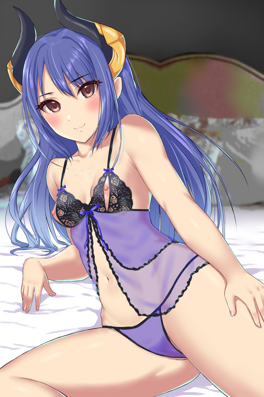 1girl blue_hair blush highres long_hair nipples otoufu_barricade princess_connect! rei_(princess_connect!) tagme underwear