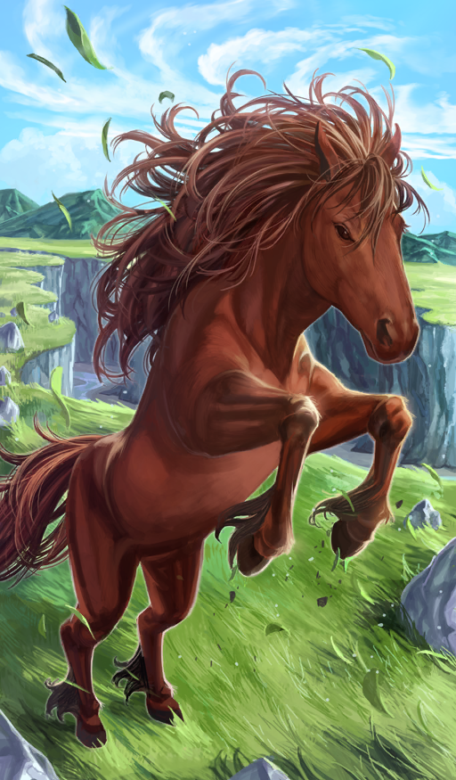 animal animal_focus blue_sky brown_horse cliff cloud commentary day fate/grand_order fate_(series) grass horse lasengle official_art outdoors sky third-party_source