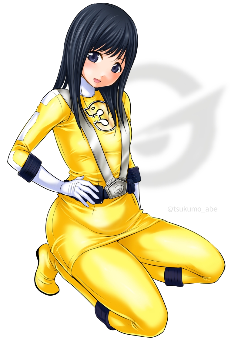 1girl abe_tsukumo black_eyes black_hair blush bodysuit engine_sentai_go-onger full_body go-on_yellow long_hair miniskirt rouyama_saki simple_background skirt solo super_sentai twitter_username white_background yellow_bodysuit yellow_skirt