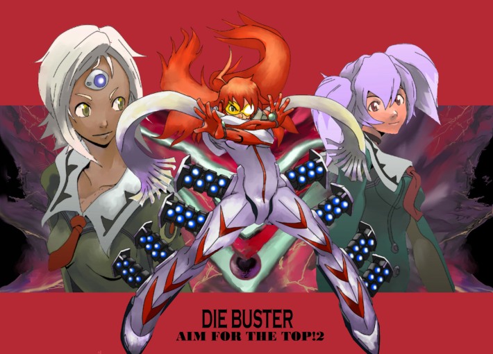 00s 30ml ahoge bad_id bad_pixiv_id bodysuit buster_machine_7 chiko dark-skinned_female dark_skin lal&#039;c_mellk_mal light_purple_hair long_hair necktie nono_(top_wo_nerae_2!) orange_hair scarf short_hair silver_hair smile sunglasses top_wo_nerae!_(series) top_wo_nerae_2! twintails tycho_science