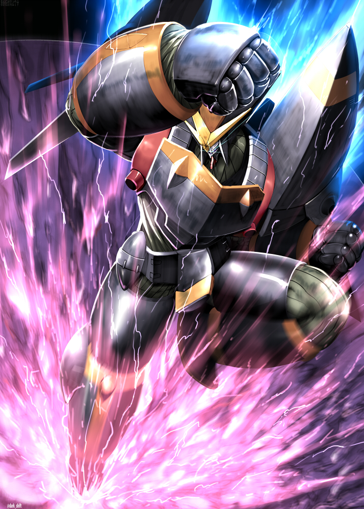 attack blue_eyes clenched_hands commentary_request electricity flying_kick glowing glowing_eye gunbuster inazuma_kick kicking llowoll looking_down mecha no_humans one-eyed robot science_fiction solo super_robot top_wo_nerae! top_wo_nerae!_(series) twitter_username