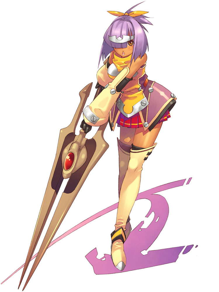 1girl boots brown_eyes detached_sleeves female_focus full_body gloves hair_over_one_eye hirano_katsuyuki nora_(spectral_souls) official_art polearm ponytail purple_hair short_hair skirt solo spear spectral_(series) spectral_souls thigh_boots thighhighs weapon white_background white_thighhighs
