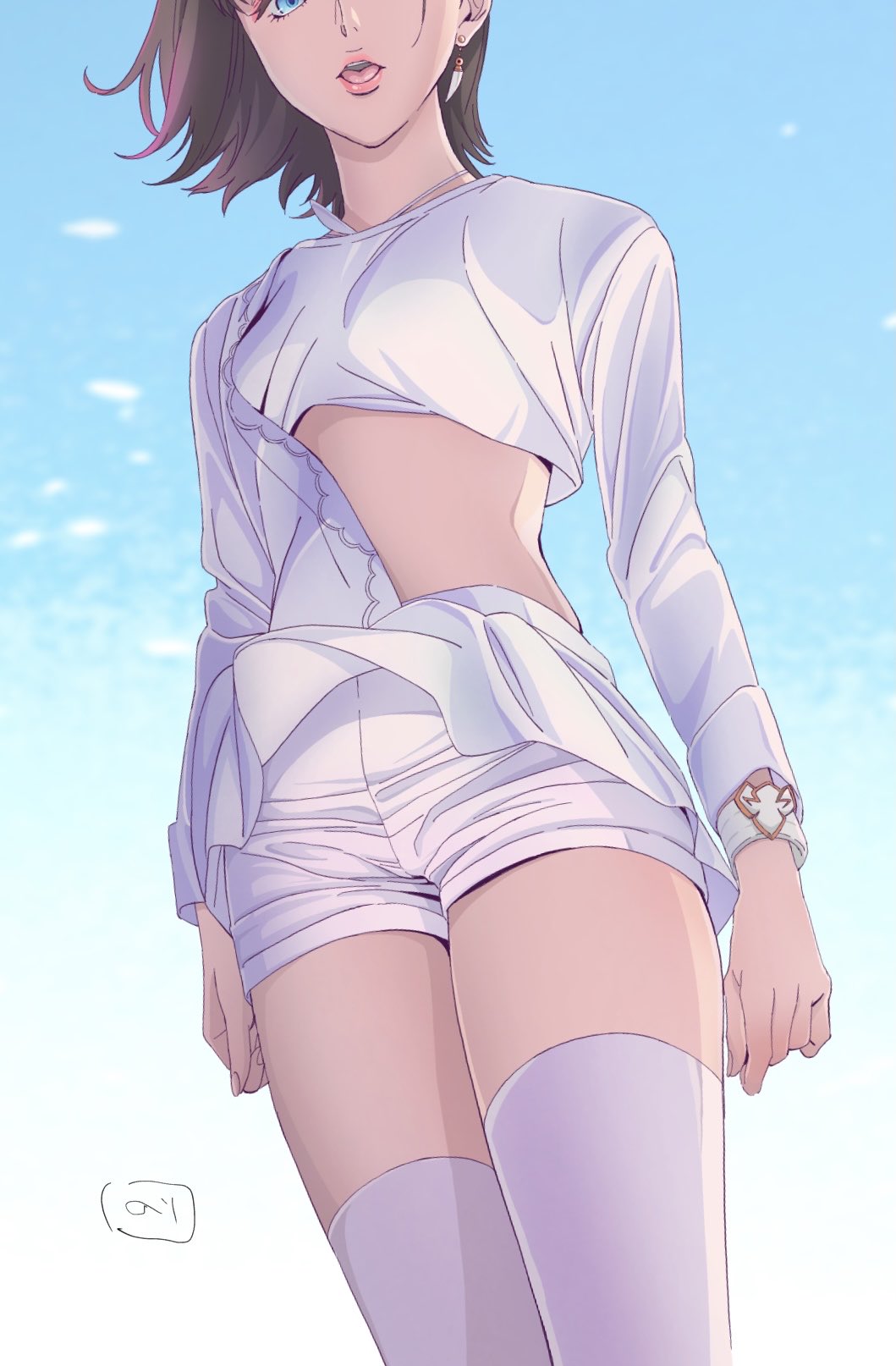 1girl avataro_sentai_donbrothers blue_eyes earrings highres jewelry lipstick looking_at_viewer makeup nori_(norimakigumo) open_mouth short_hair shorts simple_background solo sononi_(donbrothers) super_sentai thighhighs white_shorts white_thighhighs