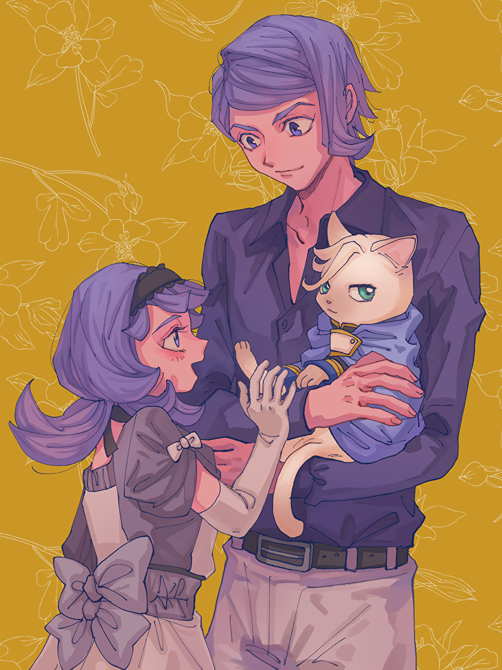 1boy 1girl almiria_bauduin animal animalization belt blush brother_and_sister cat collared_shirt dress elbow_gloves flower gaelio_bauduin gloves green_eyes gundam gundam_tekketsu_no_orphans hairband highres holding holding_animal holding_cat looking_at_another matsuko_(mrimri3) mcgillis_fareed open_mouth purple_eyes purple_hair shirt siblings smile