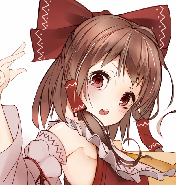 1girl ascot blush brown_hair detached_sleeves female_focus hair_ornament hair_ribbon hair_tubes hakurei_reimu japanese_clothes long_sleeves looking_at_viewer miko open_mouth radiosity_(yousei) red_eyes ribbon shirt short_hair simple_background solo touhou upper_body white_background wide_sleeves