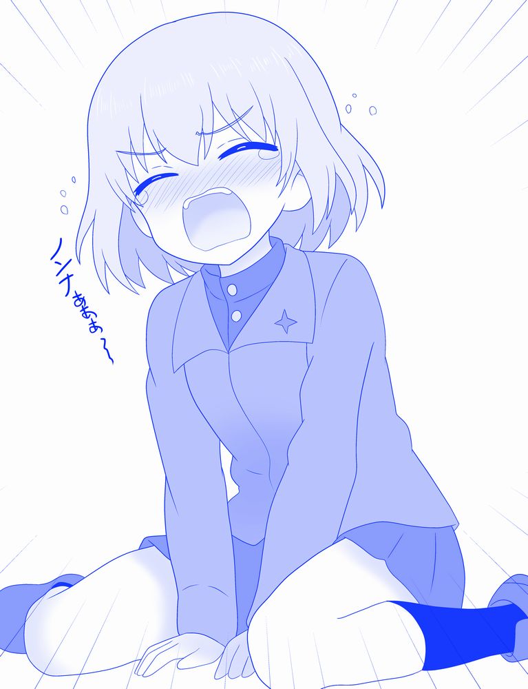 1girl blue_theme bob_cut closed_eyes commentary emphasis_lines frown full_body girls_und_panzer jacket katyusha_(girls_und_panzer) long_sleeves miniskirt monochrome open_mouth pleated_skirt pravda_school_uniform school_uniform shira14 shirt shoes short_hair sitting skirt sobbing socks solo tearing_up translated turtleneck v_arms wariza