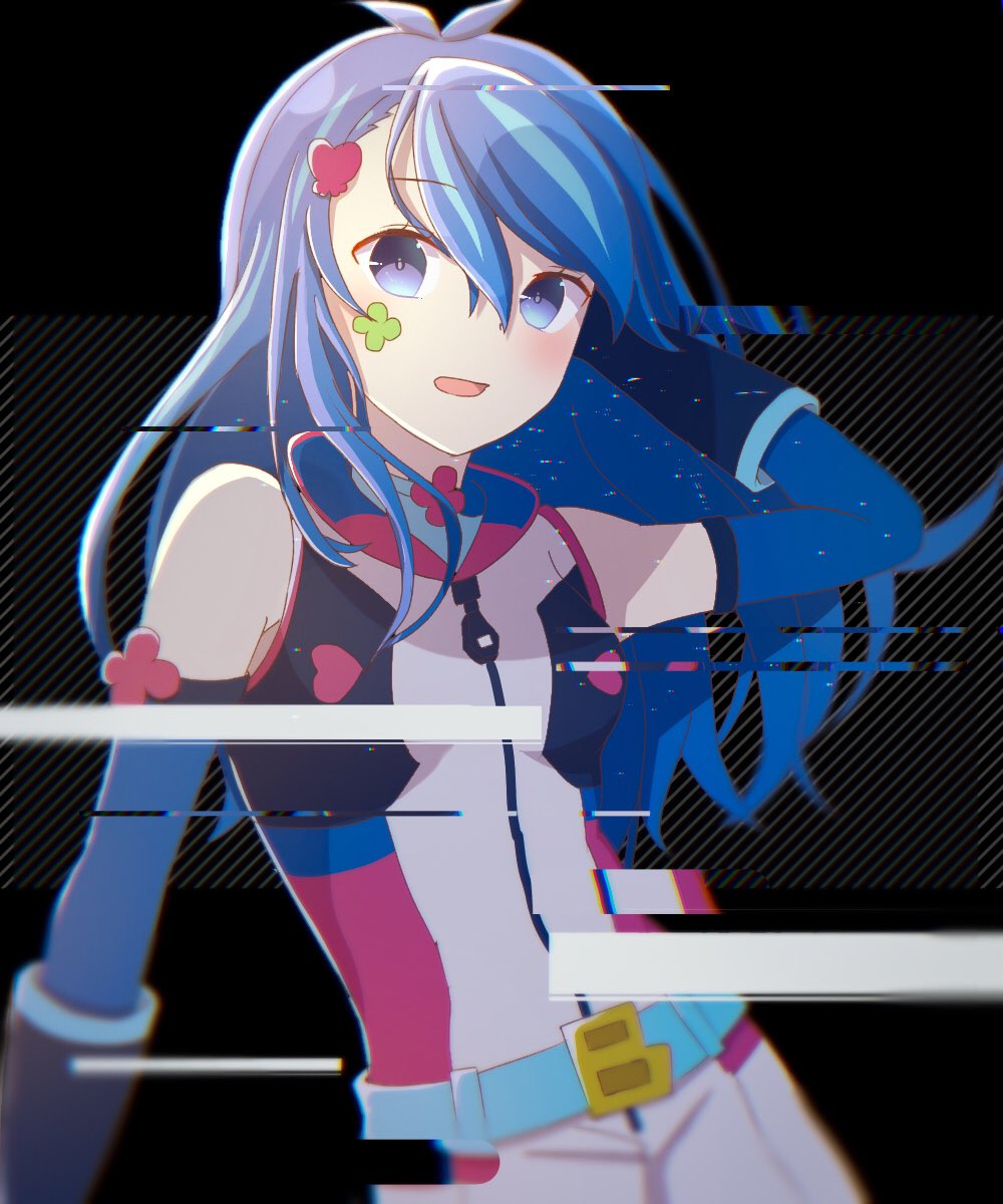 1girl alternate_form antenna_hair arm_behind_head atltax_00 bare_shoulders belt black_background blue_arm_warmers blue_belt blue_eyes blue_girl blue_gloves blue_hair blue_shirt blue_trim bodysuit breasts elbow_gloves facial_tattoo facing_to_the_side full-length_zipper glitch gloves hand_in_own_hair hand_on_own_head highres jacket looking_at_viewer medium_hair open_mouth parted_bangs pink_trim popped_collar shirt shorts sleeveless sleeveless_bodysuit sleeveless_shirt small_breasts smile sweater tattoo white_bodysuit white_jacket white_shorts white_sweater yu-gi-oh! yu-gi-oh!_vrains zaizen_aoi zipper zipper_pull_tab