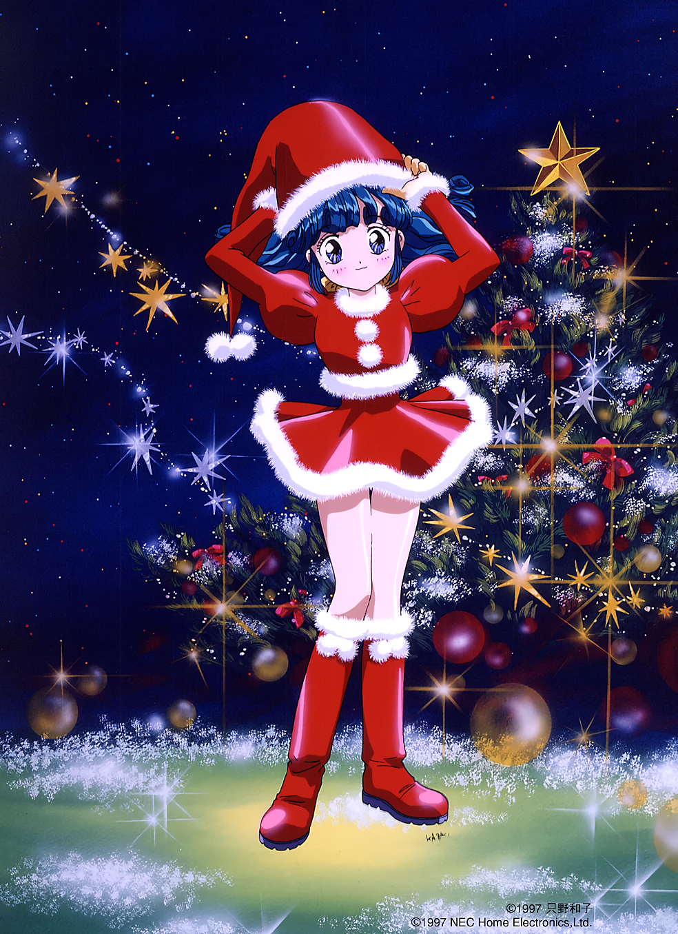 1990s_(style) 1girl aqua_hair arms_up blue_eyes blush boots christmas_tree company_name copyright_name dress full_body fur_trim hat highres juliet_sleeves knee_boots long_sleeves looking_at_viewer medium_hair night night_sky non-web_source official_art puffy_sleeves red_boots red_dress retro_artstyle rolfee santa_hat short_dress sky smile solo sparkle standing star_(sky) starry_sky tadano_kazuko tonari_no_princess_rolfee