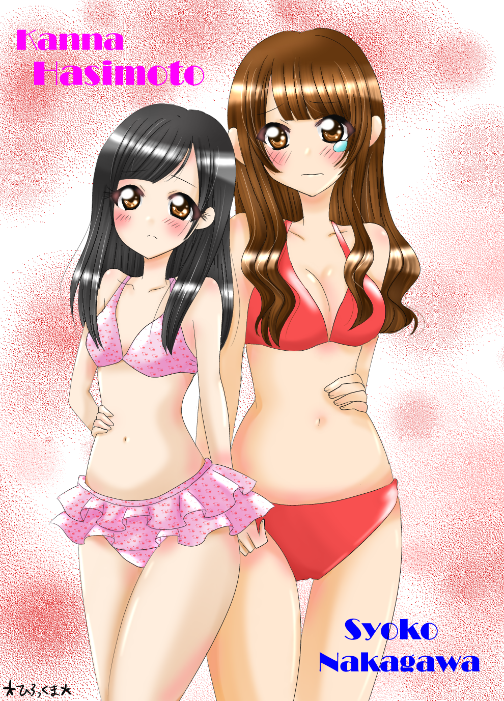 2girls bikini black_hair brown_hair hashimoto_kanna highres multiple_girls nakagawa_shouko pink_bikini red_bikini swimsuit