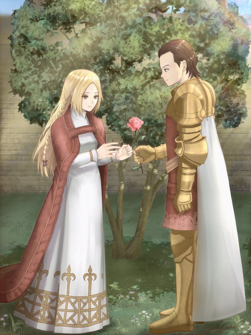1boy 1girl armor blonde_hair braid breasts brick_wall brown_eyes brown_hair cape couple delita_heiral dress elbow_pads final_fantasy final_fantasy_tactics flower full_body giving_flower grass hetero highres holding holding_flower king lens_flare long_hair nose ovelia_atkascha queen red_cape red_flower red_rose rose shadow small_breasts smile soosupaan tree white_cape white_dress yellow_armor