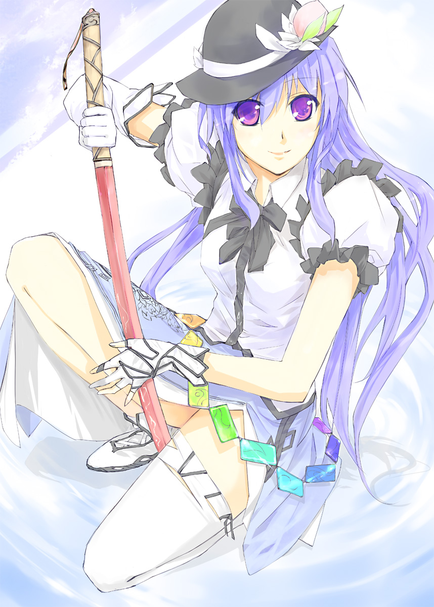 1girl asymmetrical_clothes bad_id bad_pixiv_id female_focus food fruit funeral_(artist) gloves hat highres hinanawi_tenshi peach purple_eyes purple_hair single_thighhigh solo sumisi sword sword_of_hisou thighhighs touhou weapon