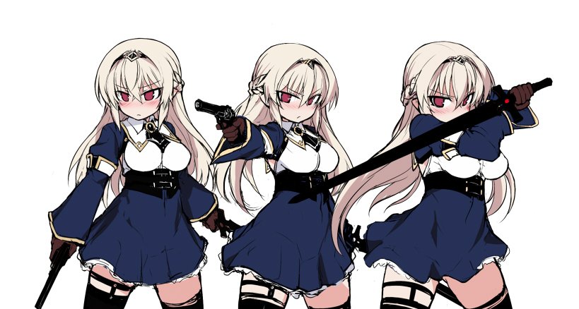 1girl black_thighhighs blonde_hair blush braid breasts dress dual_wielding gloves gun hairband holding large_breasts lilia_(null) long_hair multiple_views null_(nyanpyoun) original red_eyes sword thighhighs weapon white_background