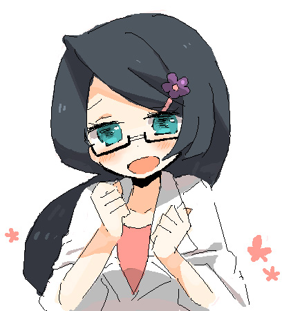1girl akebi_(kakororo) black_hair blue_eyes blush fennel_(pokemon) glasses hair_ornament hands_up lab_coat lowres nintendo pink_shirt pokemon pokemon_bw raised_eyebrows shirt solo white_background