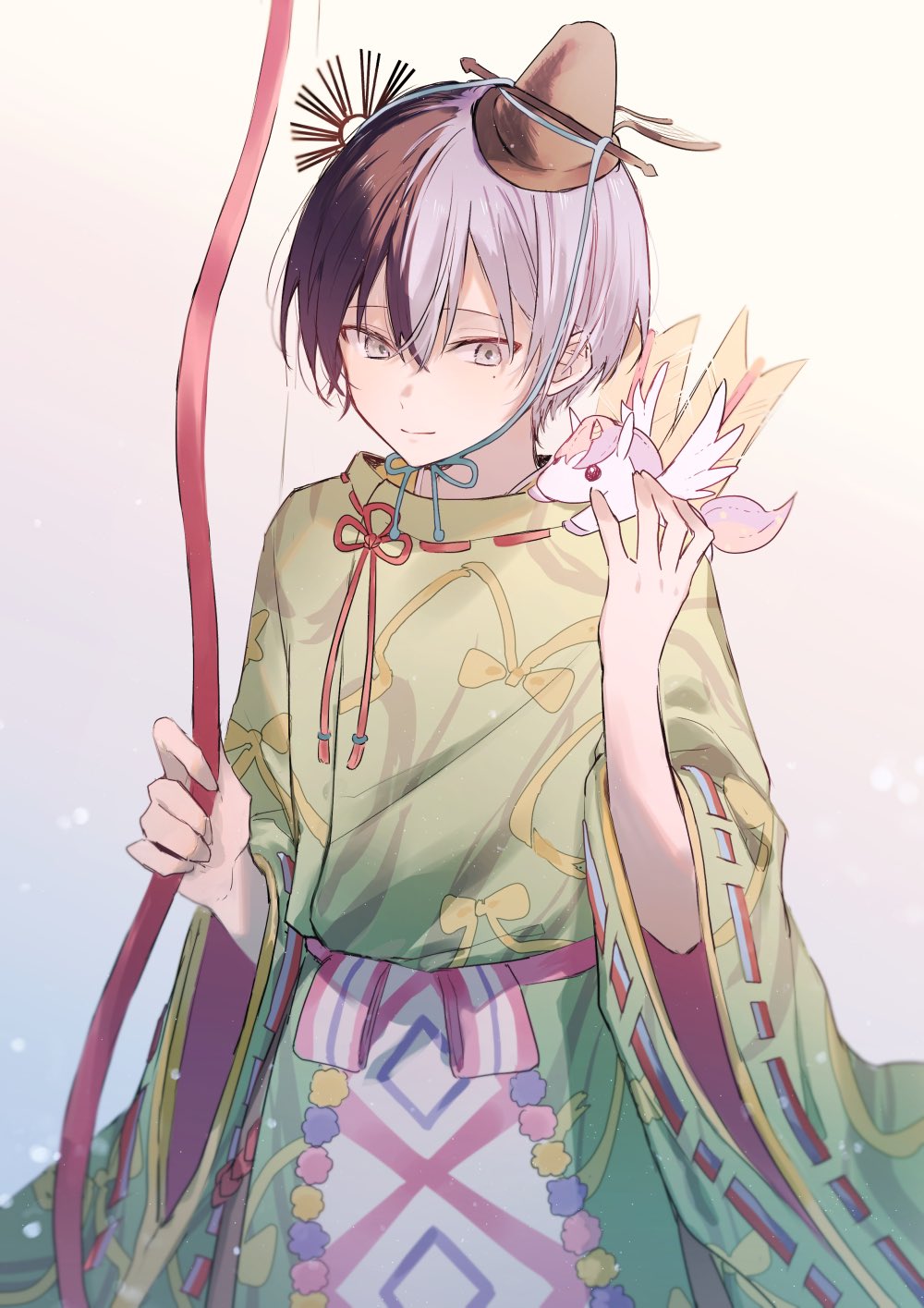 1boy aoyagi_touya black_hat blue_hair closed_mouth commentary_request dark_blue_hair dot_nose grey_eyes hair_between_eyes hat highres holding japanese_clothes jishio long_sleeves male_focus mole mole_under_eye multicolored_hair official_alternate_costume pegasus project_sekai short_hair solo split-color_hair tenma-sanchi_no_hinamatsuri_(project_sekai) two-tone_hair