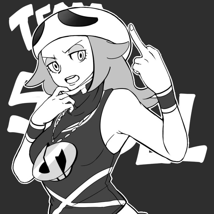 1girl bare_shoulders beanie breasts eyebrows eyelashes female_focus fingernails game_freak greyscale half-closed_eyes hands_up hat image_sample jewelry long_hair medium_breasts middle_finger monochrome naver_sample necklace nintendo nutkingcall outline pokemon pokemon_sm shirt sleeveless sleeveless_shirt solo team_skull team_skull_grunt turtleneck upper_body v-shaped_eyebrows white_outline wristband