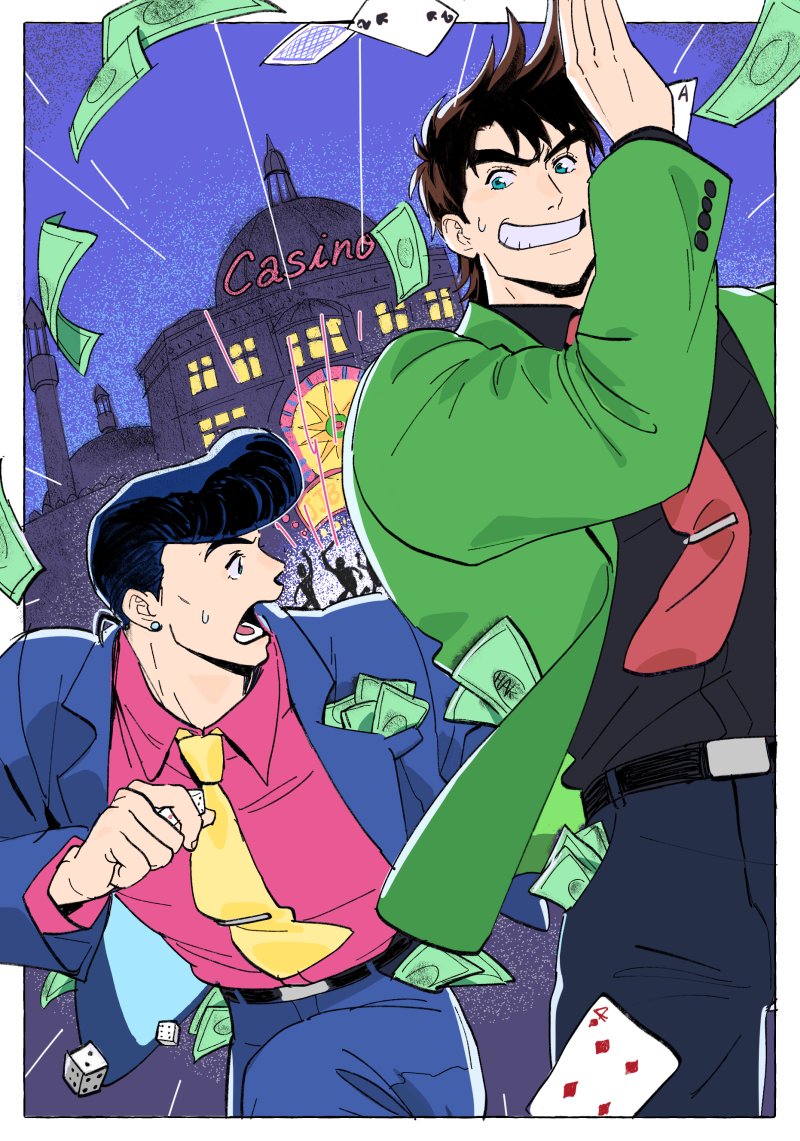 2boys arsene_lupin_iii arsene_lupin_iii_(cosplay) banknote battle_tendency black_hair blue_hair brown_hair card casino castle_of_cagliostro cosplay diamond_wa_kudakenai dice dollar_bill falling_money father_and_son firing formal_clothes green_eyes grin hakmonss higashikata_josuke jigen_daisuke jigen_daisuke_(cosplay) jojo_no_kimyou_na_bouken joseph_joestar joseph_joestar_(young) lupin_iii male_focus money falling_money motion_lines multiple_boys necktie parody playing_card running silhouette smile suit sweatdrop tie_clip time_paradox tucked_money