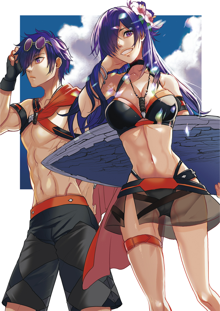 1boy 1girl abs bikini black_bikini black_choker breasts choker female_shez_(fire_emblem) female_shez_(summer)_(fire_emblem) fire_emblem fire_emblem:_three_houses fire_emblem_heroes fire_emblem_warriors:_three_hopes flower gluteal_fold hair_bun hair_flower hair_ornament hair_over_one_eye hibiscus large_breasts male_shez_(fire_emblem) male_shez_(summer)_(fire_emblem) masakikazuyoshi nintendo official_alternate_costume purple_eyes purple_hair single_hair_bun surfboard swimsuit white_flower