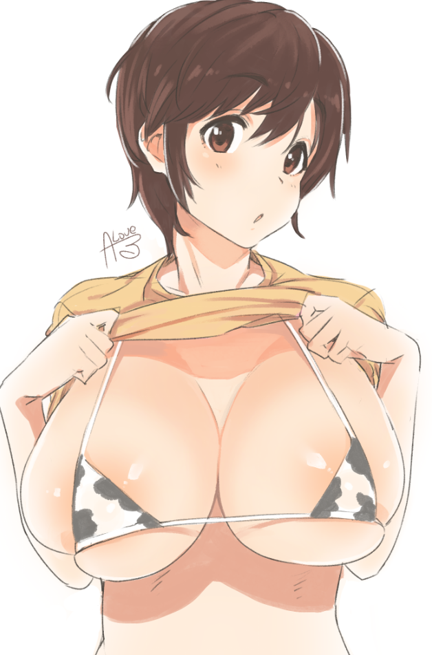 1girl :o animal_print areola_slip bikini blush breasts brown_eyes brown_hair chestnut_mouth cleavage clothes_lift collarbone commentary cow_print cow_print_bikini hands_up idolmaster idolmaster_cinderella_girls idolmaster_cinderella_girls_starlight_stage large_breasts lifting_own_clothes looking_at_viewer micro_bikini oikawa_shizuku print_bikini rkrk shirt short_hair short_sleeves signature simple_background skindentation solo swimsuit upper_body white_background yellow_shirt