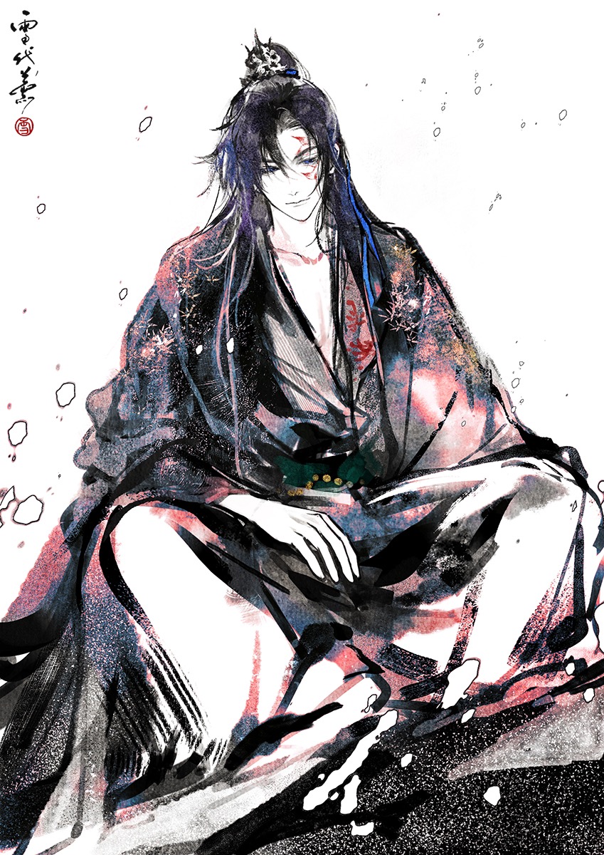 1boy black_coat black_hair black_robe blue_eyes blue_ribbon chinese_clothes clarence_clayden closed_mouth coat collarbone curtained_hair facial_tattoo falling_petals feet_out_of_frame hair_between_eyes hair_ribbon half_updo hanfu highres limited_palette long_hair long_sleeves looking_at_viewer lovebrush_chronicles male_focus mole mole_under_eye open_clothes open_coat petals ribbon robe seal_impression smile solo tattoo white_background wide_sleeves xiao_guan_(headdress) xuedaixun