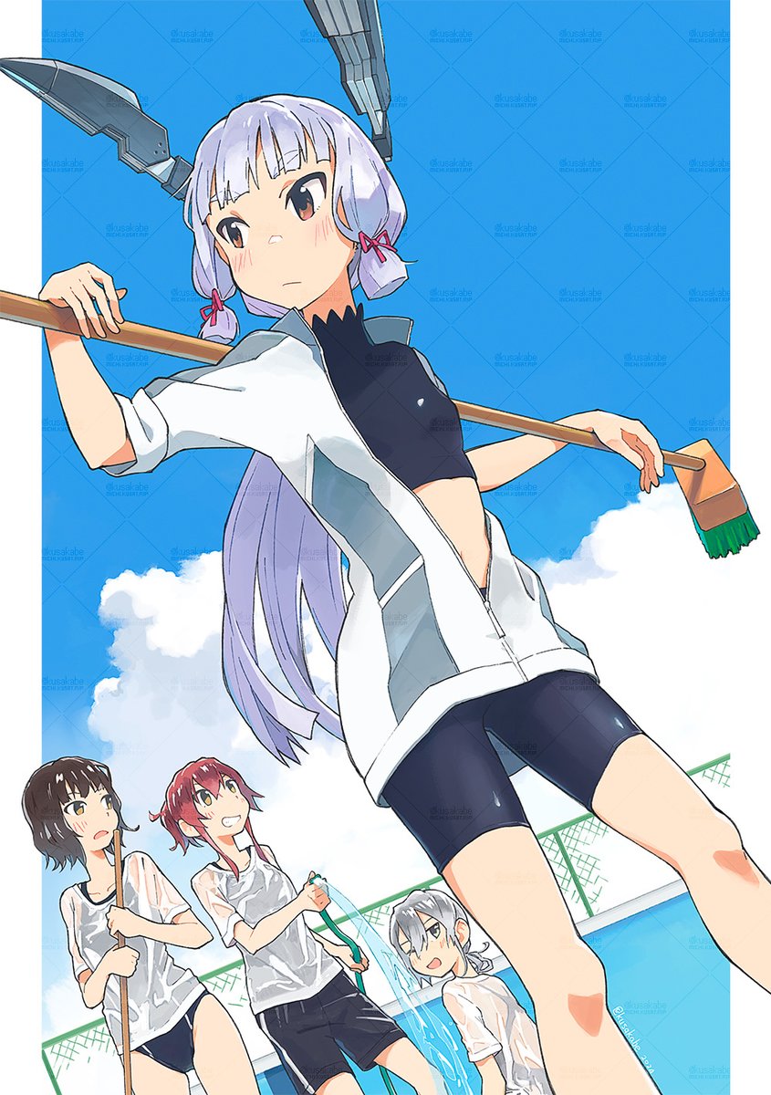 4girls alternate_costume arashi_(kancolle) bike_shorts bikini black_shirt blue_one-piece_swimsuit blue_sky blunt_tresses brown_eyes chain-link_fence cleaning_brush cloud commentary_request dutch_angle fence floating_headgear grey_hair gym_shorts hair_ribbon headgear highres jacket kantai_collection kishinami_(kancolle) kusakabe_(kusakabeworks) low_ponytail midriff multiple_girls murakumo_(kancolle) nowaki_(kancolle) one-piece_swimsuit ponytail ribbon see-through_clothes see-through_shirt shirt shorts side-tie_bikini_bottom sky solo_focus swimsuit swimsuit_under_clothes t-shirt tress_ribbon watermark watermark_grid wet wet_clothes wet_shirt white_jacket