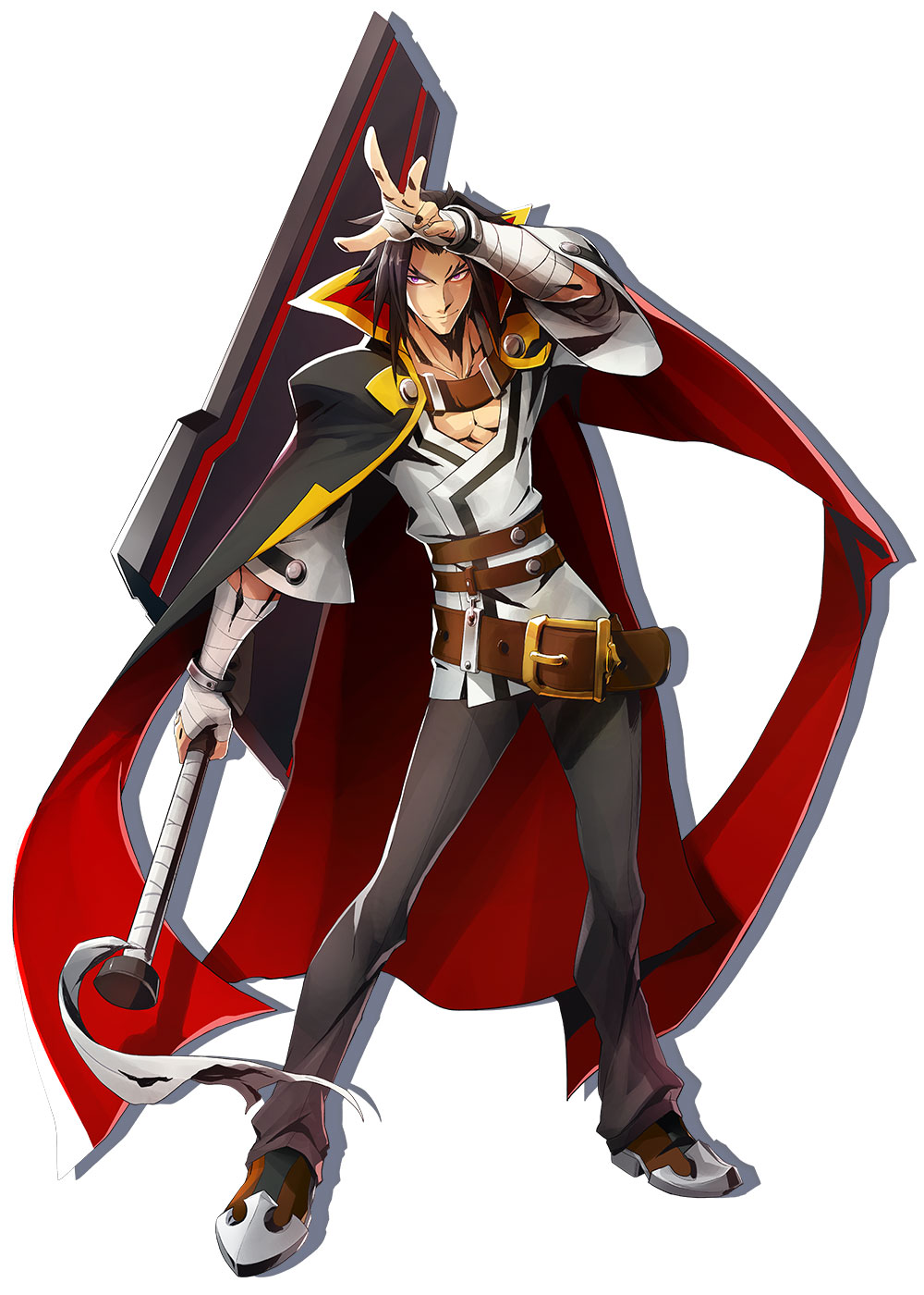 1boy bandages belt black_hair black_pants blazblue blazblue:_central_fiction brown_shoes cape eyebrows forked_eyebrows highres kagura_mutsuki katou_yuuki looking_at_viewer male_focus official_art pants popped_collar purple_eyes reverse_grip shadow shirt shoes smile solo standing sword weapon white_background white_shirt