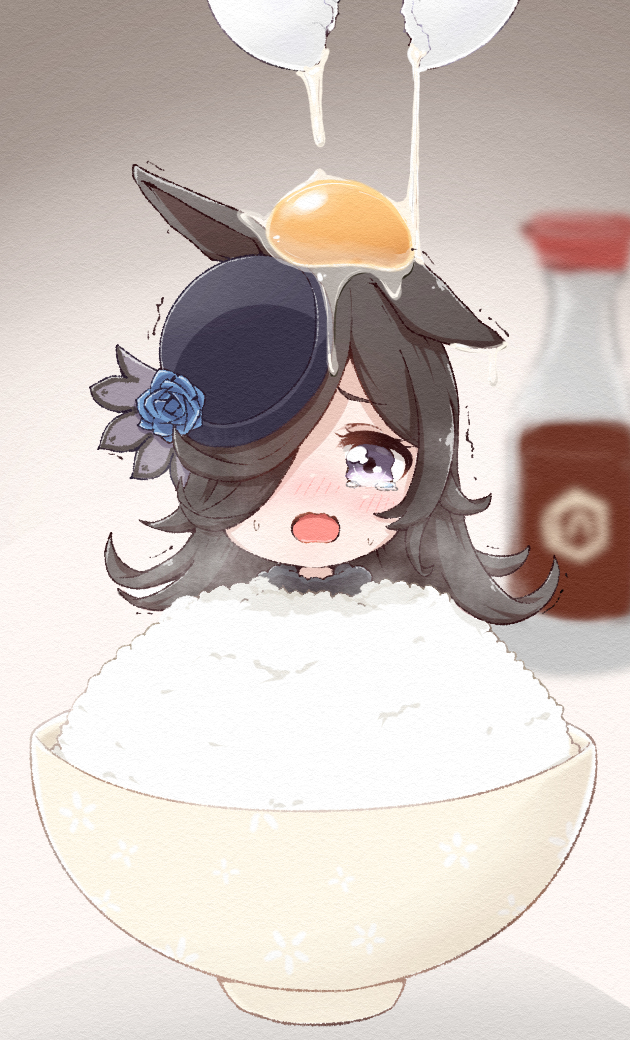 1girl blue_flower blue_hat blue_rose blurry blurry_background bowl brown_hair commentary cracked_egg depth_of_field egg egg_yolk flower grey_eyes hair_over_one_eye hat hat_flower long_hair mini_person minigirl morita_(mofuball319) name_connection object_namesake pun rice rice_bowl rice_shower_(umamusume) rose solo soy_sauce tamagokake_gohan tearing_up tilted_headwear umamusume