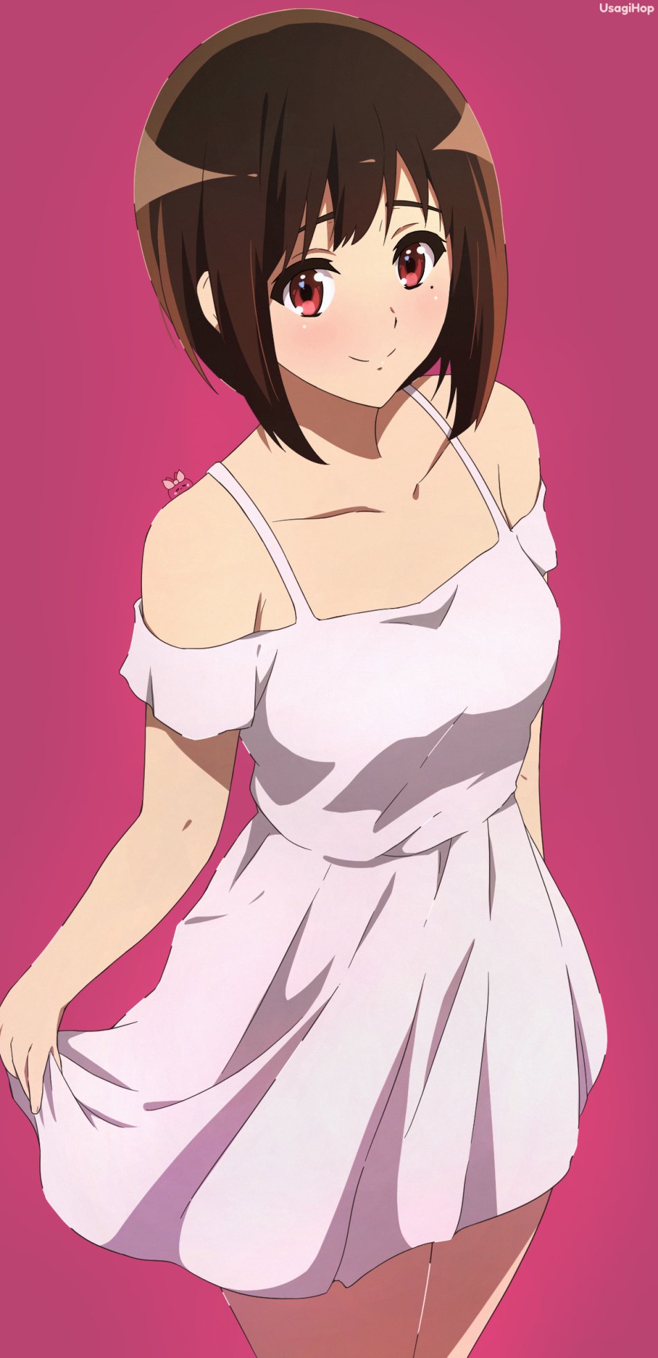 1girl artist_name bare_shoulders blush brown_hair cowboy_shot dress hibike!_euphonium highres holding looking_at_viewer mole mole_under_eye nakaseko_kaori off-shoulder_dress off_shoulder red_eyes short_hair simple_background skirt_hold smile solo thighs usagihop white_dress