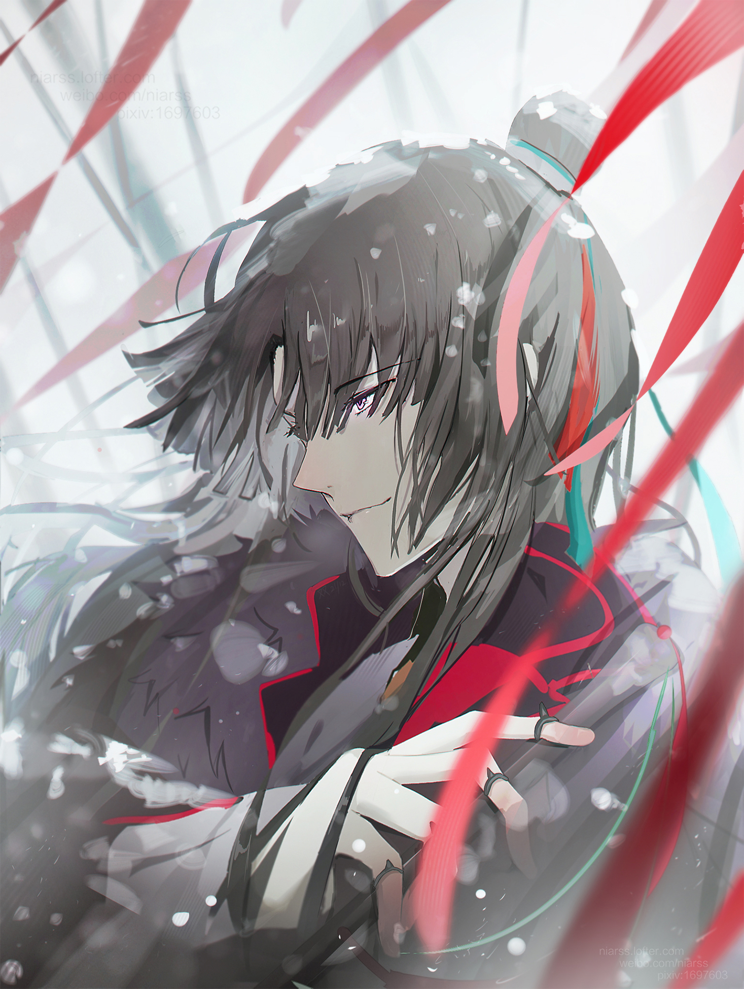 1boy black_coat black_hair changpao chinese_clothes coat curtained_hair fate/grand_order fate_(series) fishing_rod hair_between_eyes highres holding holding_fishing_rod long_hair long_sleeves male_focus niarss profile smile snow snowflakes snowing solo taigong_wang_(fate) upper_body yellow_eyes