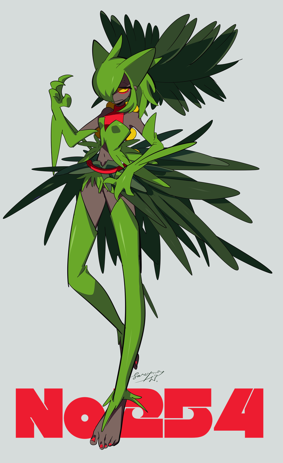 1girl arm_blade barefoot belt blade_of_grass claws colored_sclera dark-skinned_female dark_skin elbow_gloves eyeshadow feet foliage frown gen_3_pokemon gloves green_gloves green_hair green_shirt green_skirt highres makeup midriff nail_polish navel nintendo personification pokedex_number pokemon red_belt red_eyes red_eyeshadow red_nails sameyama_jiro sceptile shirt short_hair simple_background skirt sleeveless sleeveless_turtleneck thighhighs toenail_polish toenails turtleneck weapon yellow_sclera
