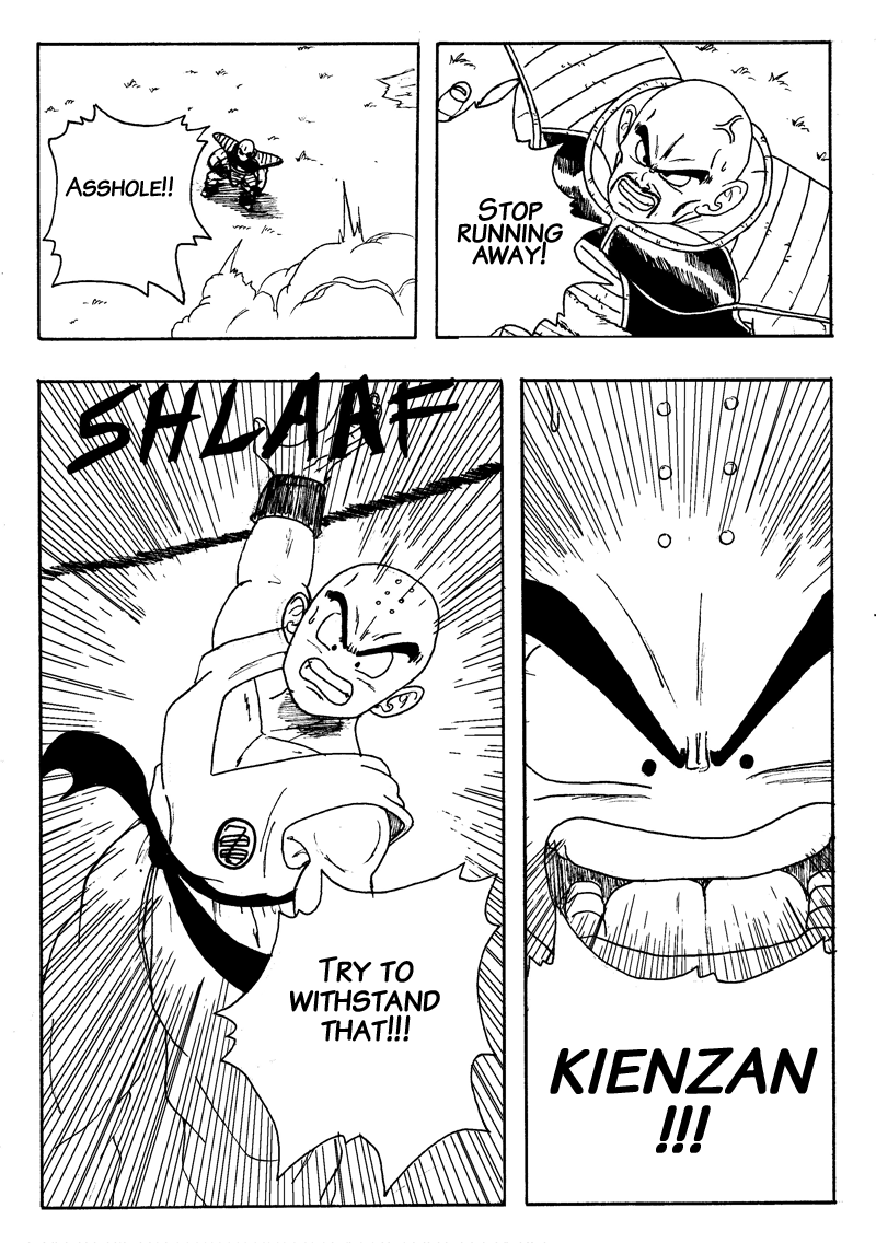 2boys anger_vein bald bald_male dragon_ball english_text flying kienzan kuririn multiple_boys muscular muscular_male nappa saiyan saiyan_armor serious speech_bubble
