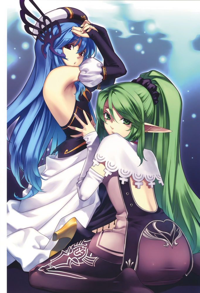 2girls armpits arms_up blue_hair detached_sleeves dress espgarude espgarude_(spectral_force) expressionless gabella gabella_(spectral_force) green_eyes green_hair hat high_ponytail hirano_katsuyuki long_hair multiple_girls official_art pantyhose pointy_ears ponytail puffy_sleeves red_eyes sitting skirt spectral_(series) spectral_force_genesis wariza white_dress