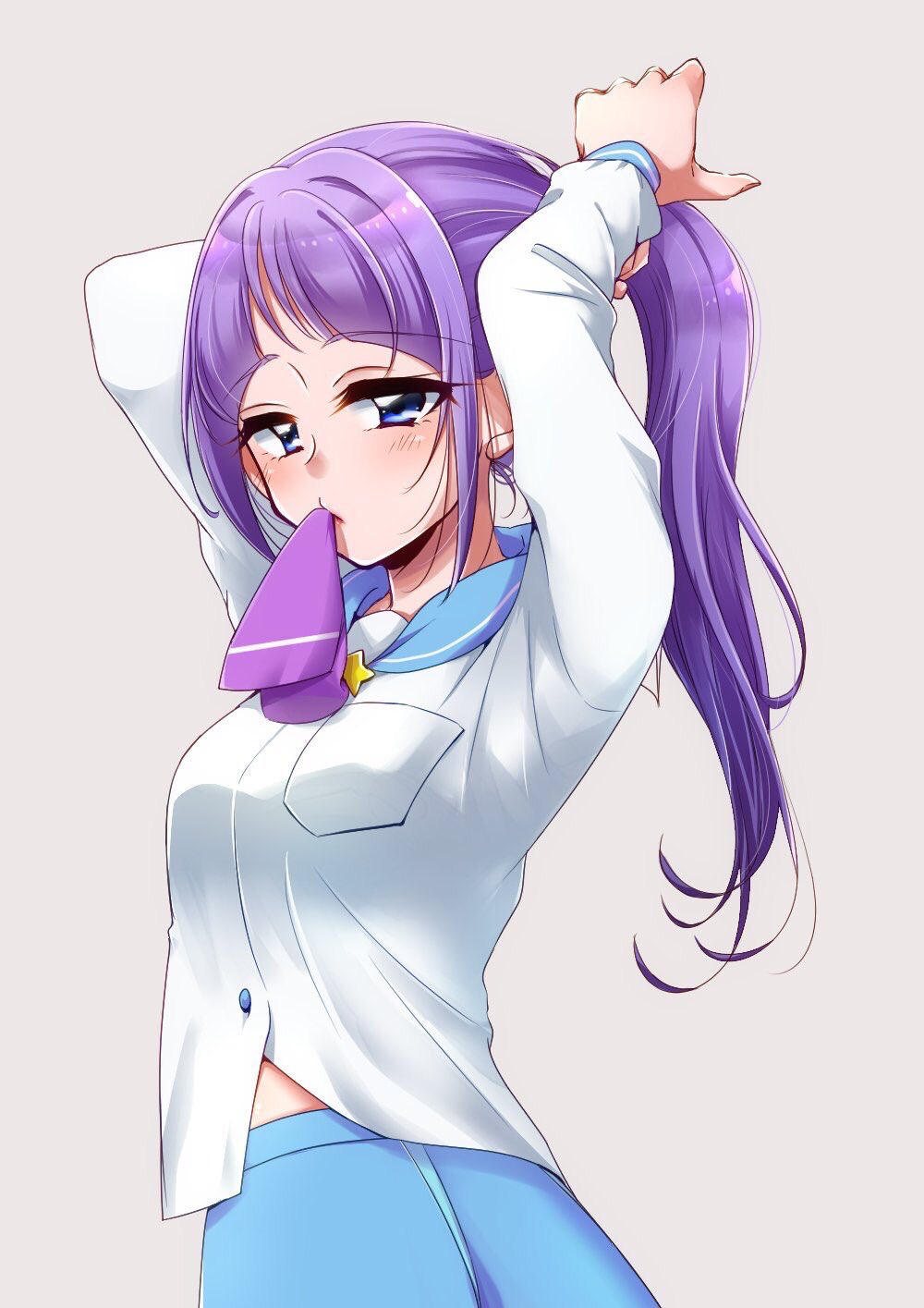 1girl adjusting_hair blue_eyes blue_skirt blush female_focus grey_background highres kaguya_madoka long_hair long_sleeves looking_at_viewer mihoshi_middle_school_uniform mouth_hold noyuki1204 ponytail precure purple_hair purple_neckwear school_uniform simple_background skirt solo star_twinkle_precure